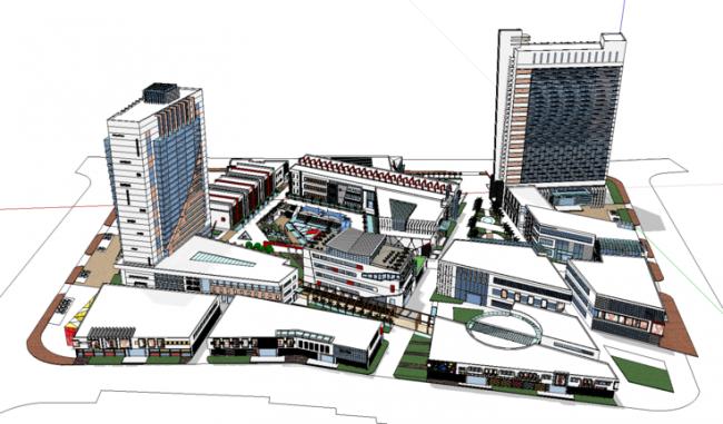SketchUp Complex Model: Multi-Story High-Rise Mixed-Use City Center with Commercial Streets, Shopping Mall, and Modern Hotel