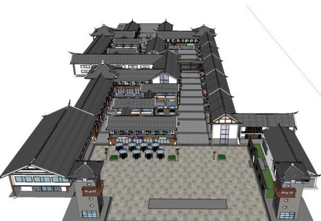 SketchUp Business Model: Multi-Story Commercial Street Featuring Ancient Chinese Architecture