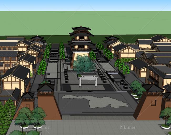 SketchUp Business Model: Multi-Story Commercial Street with Antique Chinese Style