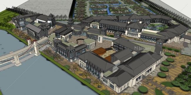 SketchUp Hotel Model: Multi-Story Folk and Chinese Style Resort