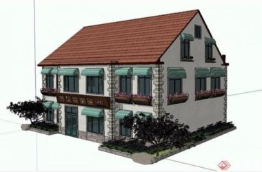 SketchUp Business Model: Multi-Story Sloped Roof Farmhouse Banquet Restaurant in Classic Style-BIM WORLD