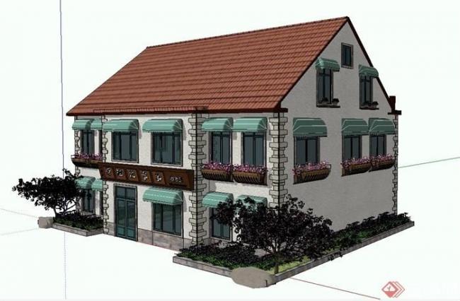 SketchUp Business Model: Multi-Story Sloped Roof Farmhouse Banquet Restaurant in Classic Style