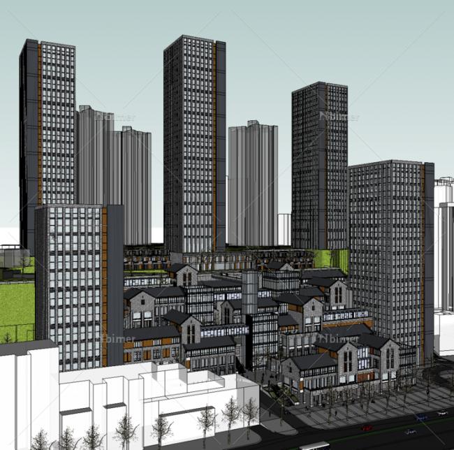 SketchUp Complex Model: Multi-Story Mixed-Use City Development with Apartments, Mountain Terraces, Commercial Offices, and Chinese Architectural Elements