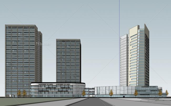 SketchUp Business Model: Modern Multi-Story Mixed-Use Office Building with Commercial Street and Podium