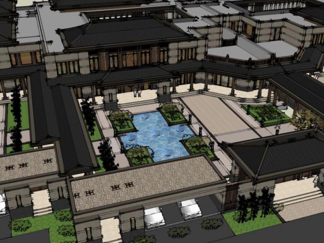 SketchUp Business Model: Multi-Story Commercial Street with Traditional Chinese Architecture