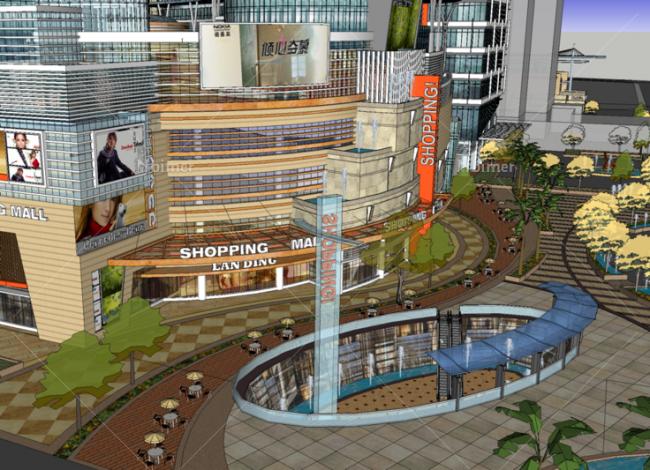 SketchUp Complex Model: Multi-Story High-Rise with Commercial Pedestrian Street and Modern Center