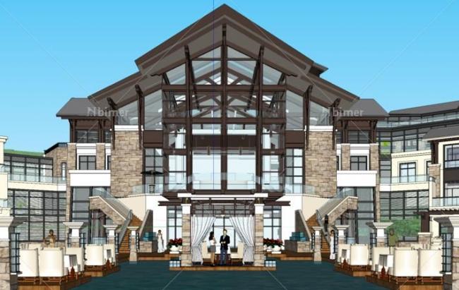 SketchUp Hotel Model: Kempinski Mountain Resort with Terrace in Southeast Asian Style