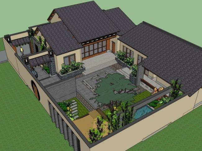SketchUp Multi-Story Chinese-Style Hotel and Homestay Model