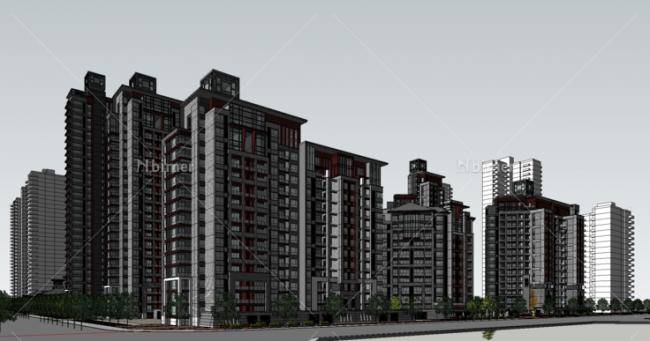 SketchUp Residential Model: Zhongjian Xi'an Daming Palace – Classical High-Rise Complex with Scenic Courtyard