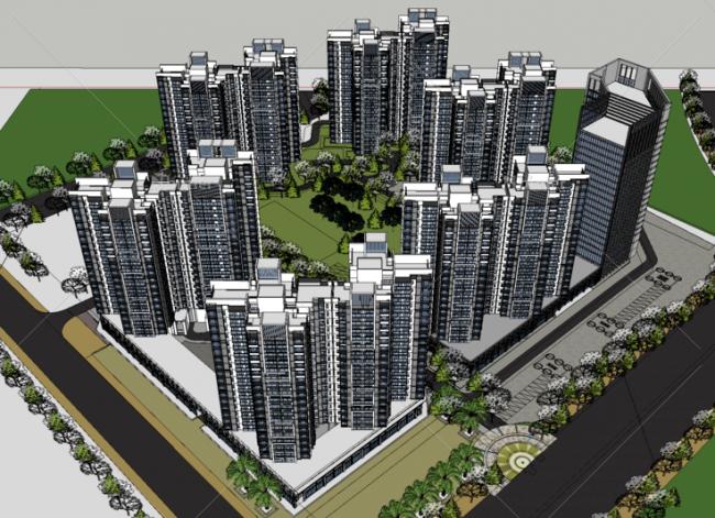 SketchUp Model of Modern High-Rise Residential Complex with Ground-Floor Retail at Yuehai International