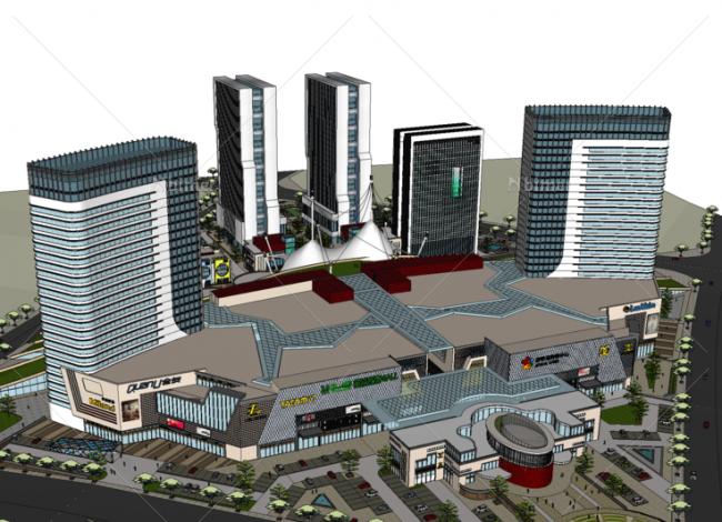 SketchUp Complex Model: Multi-Story Modern Shopping and Commercial Center