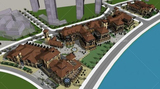 SketchUp Business Model: Multi-Story Commercial Street in Spanish and Classical Styles