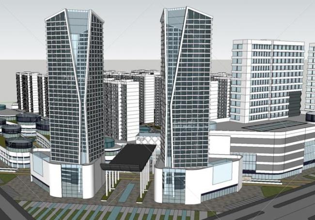SketchUp Complex Model: Modern Multi-Story Urban High-Rise Mixed-Use Development