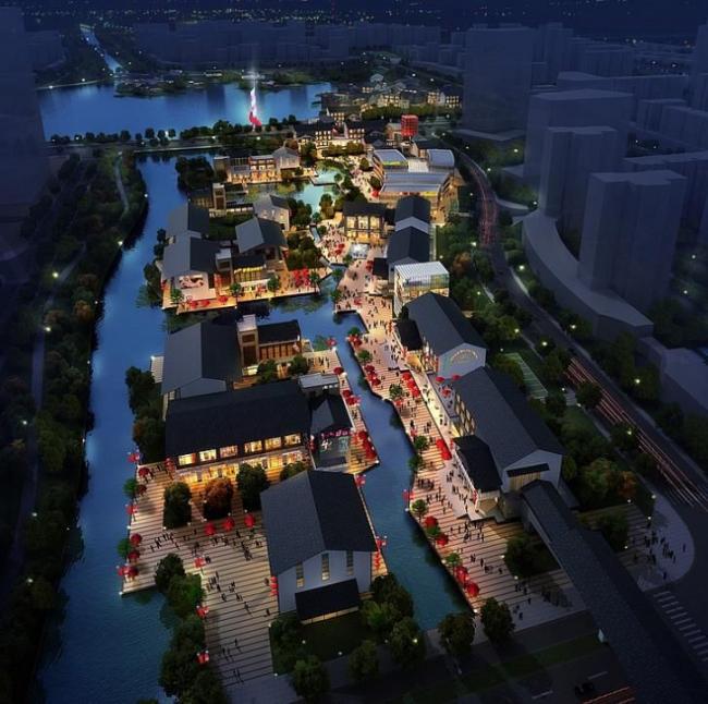 SketchUp Business Model: Multi-Story Chinese Commercial Street with Blue Stone Garden Architecture in 3ds Max