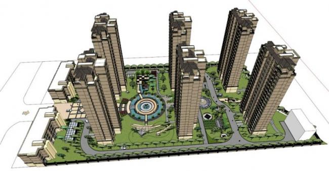SketchUp Residential Model: High-Rise Complex with Sloping Roof and Classical Design