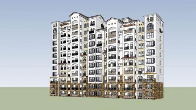 SketchUp Residential Model: Mediterranean-Inspired High-Rise Complex with Spanish Classical Design