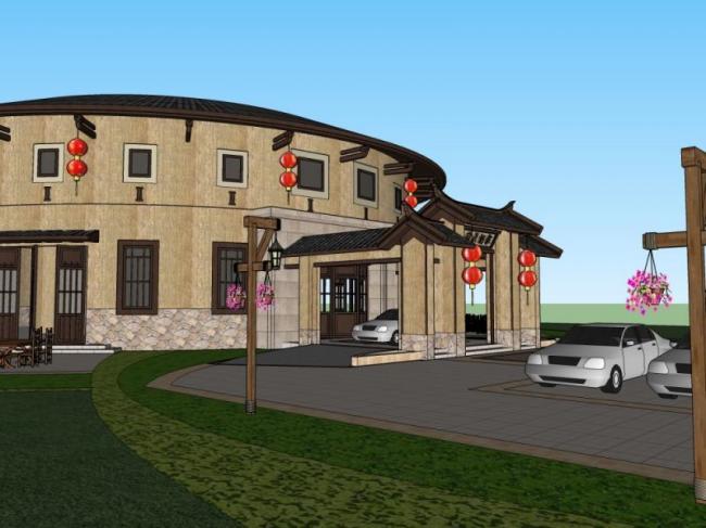 SketchUp Hotel Model: Low-Rise Oriental Neoclassical Design