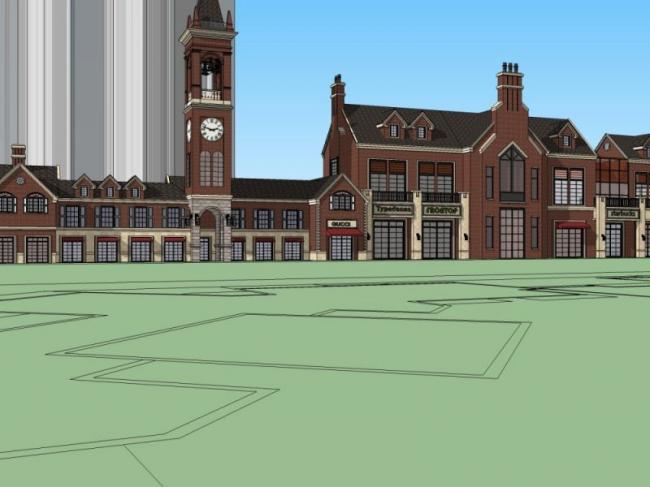 SketchUp Business Model: British-Style Commercial Street with Classic Architecture