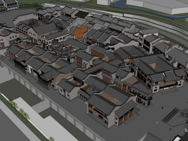 SketchUp Business Model: Multi-Story Commercial Street in Modern Chinese Style