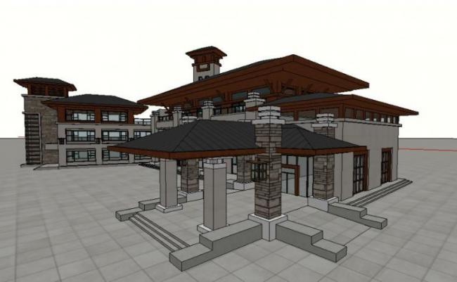 SketchUp Business Model: Multi-Story Classical Style Clubhouse Design