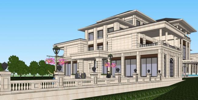 SketchUp Business Model: Multi-Story Classical Style Clubhouse Design