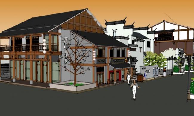 SketchUp Business Model: Multi-Story Huizhou-Style Commercial Street with Modern Chinese Design