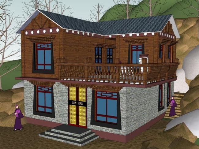 Tibetan-Style Two-Story Residential Model in SketchUp