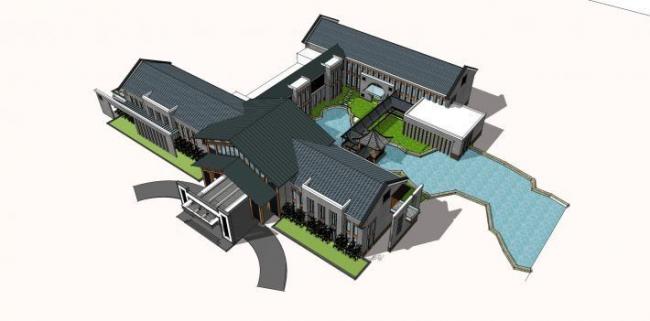 SketchUp Cultural Model: Multi-Story Huizhou Reception Center with Traditional Chinese Architecture