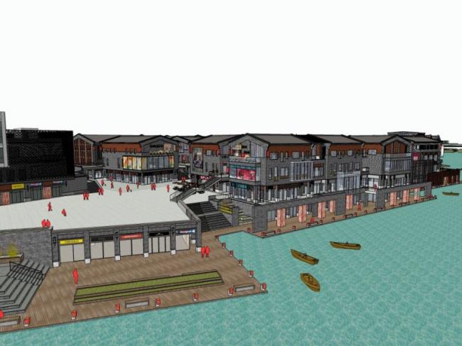 SketchUp Business Model: Multi-Story Commercial Street in Modern Chinese Style