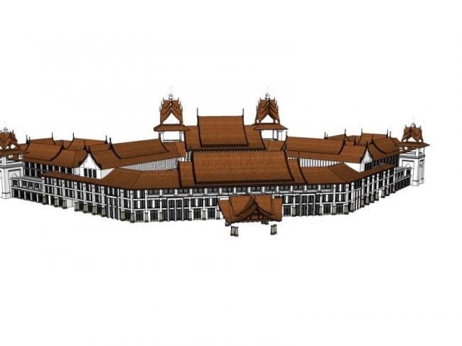 SketchUp Business Model: Multi-Story Southeast Asian Commercial Street with Multiple Sloping Roofs
