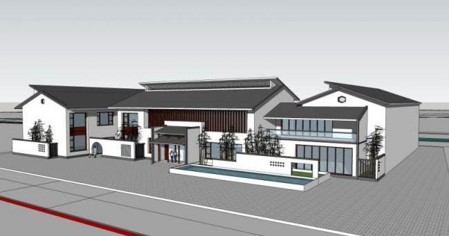 SketchUp Business Model: Modern Chinese-Style Low-Rise Clubhouse Design