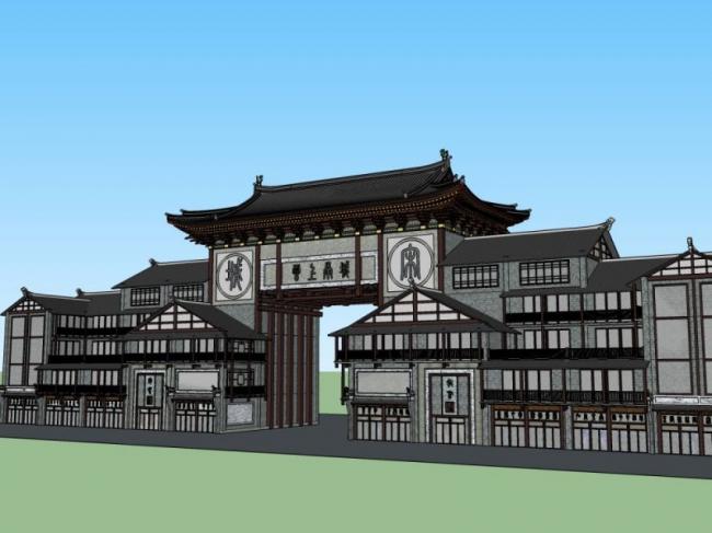SketchUp Business Model: Multi-Story Commercial Street with Chinese Architectural Style