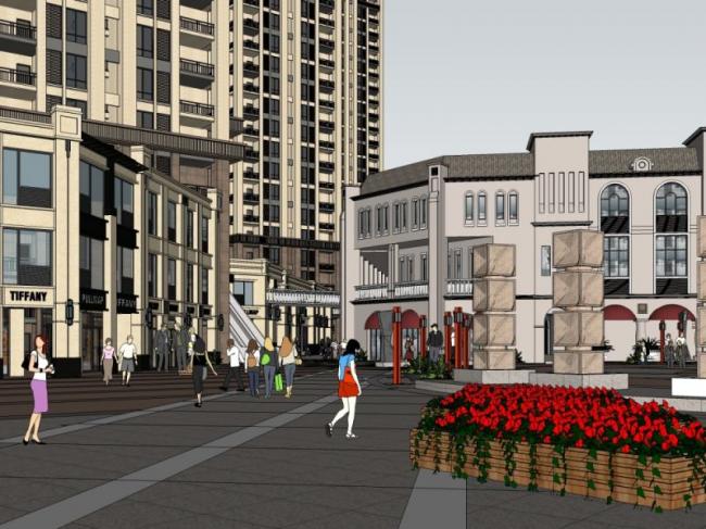 SketchUp Business Model: Modern Multi-Story Commercial Pedestrian Street Design