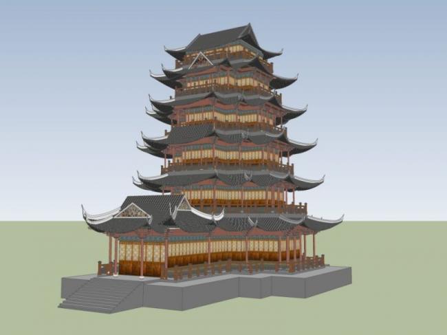 SketchUp Model of a Multi-Story Ancient Chinese Temple Tower
