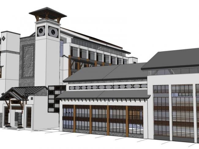 SketchUp Multi-Story Office Complex Featuring Traditional Chinese Architecture