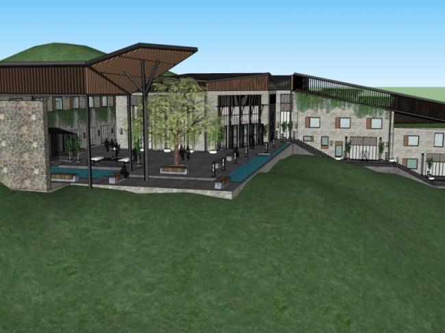 SketchUp Model of a Mountain-Style Low-Rise Hotel with Chinese Design Elements
