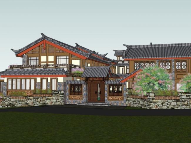 SketchUp Multi-Story Hotel Model Featuring Traditional Chinese Design