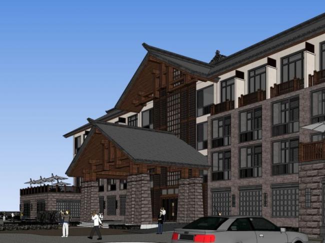 SketchUp Multi-Story Hotel Model Featuring Traditional Chinese Architecture
