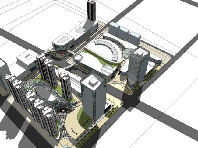 SketchUp Model of a Modern Super High-Rise Commercial Complex with Offices, Hotel, and Residences