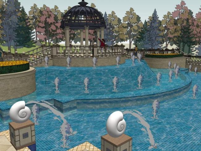 Classical Style Waterfront Landscape Model in SketchUp