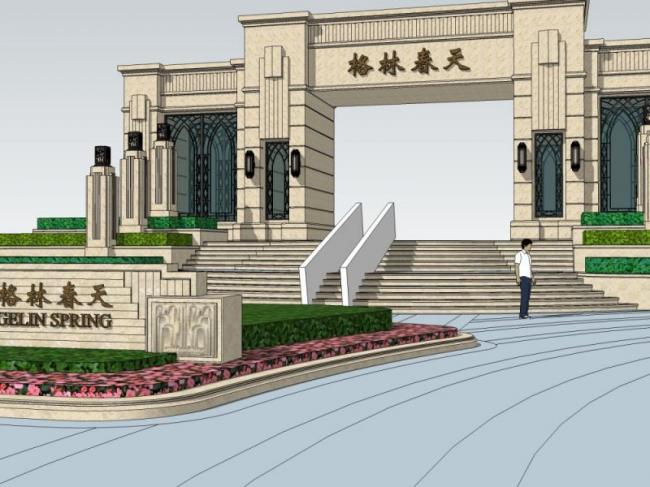 Classical Style Square Landscape and Entrance Model in SketchUp