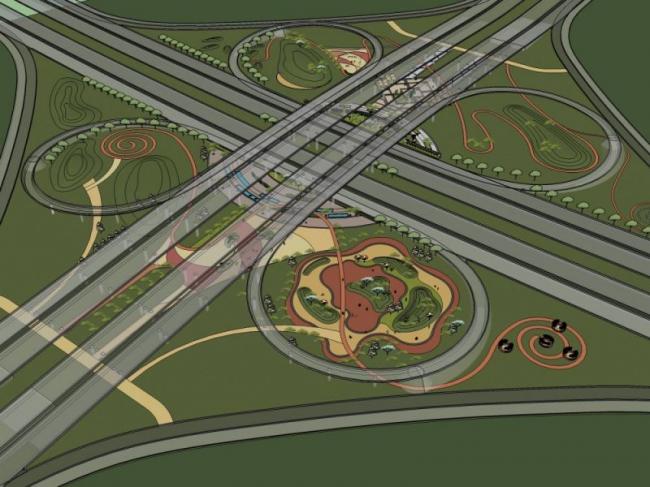 Modern Park Landscape Model Beneath an Overpass in SketchUp