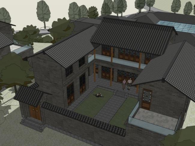SketchUp Multi-Story Garden Hotel Model with Chinese Design