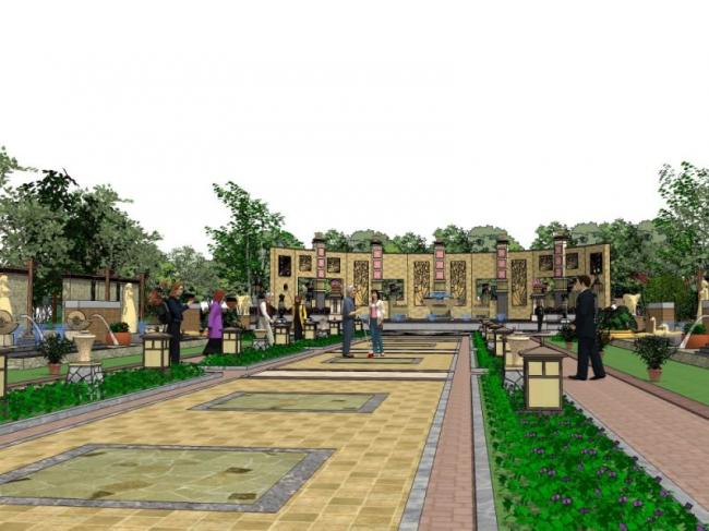 SketchUp Landscape Model: Square Garden with Chinese Style Design