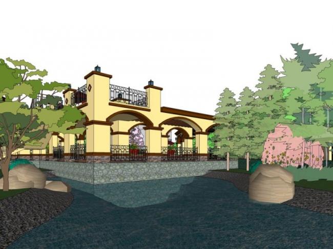 Classical-Style Waterfront Landscape Model in SketchUp