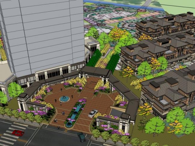 Classical-Style Community Entrance Landscape Model in SketchUp