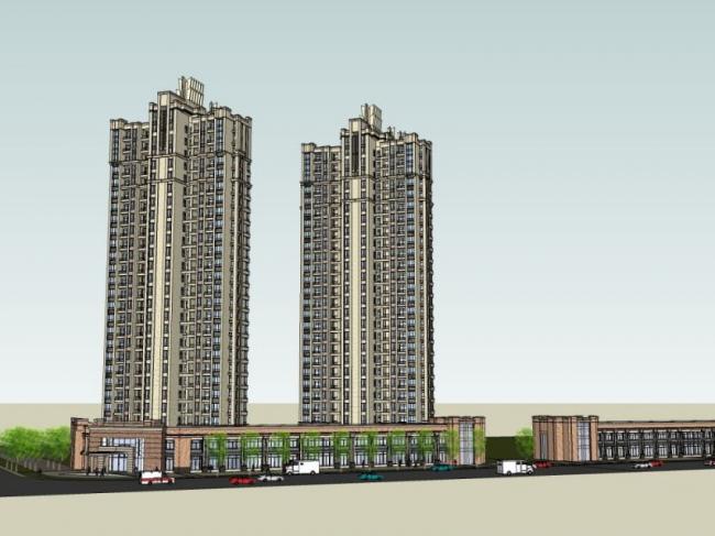 SketchUp Model of a Classical-Style High-Rise Residential Building with Ground-Floor Commercial Space