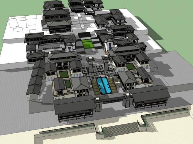 SketchUp Business Model: Multi-Story Ancient Chinese Town Design