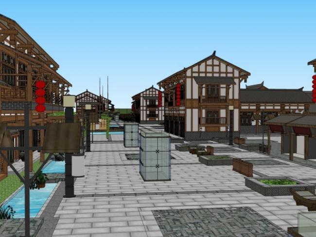 SketchUp Business Model: Multi-Story Commercial Street with Chinese Architectural Style