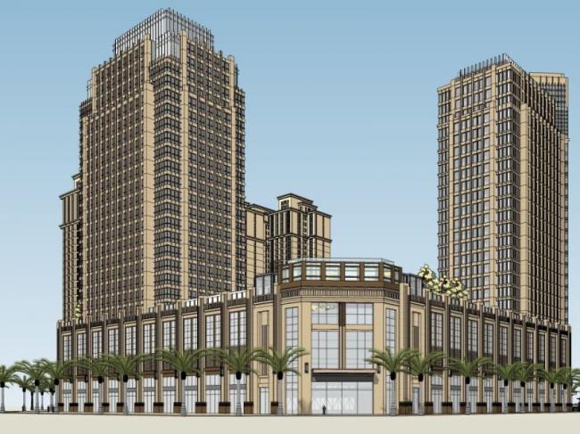 SketchUp Model: Multi-Story Classical Mixed-Use Complex with Ground-Floor Commercial and Residential Units
